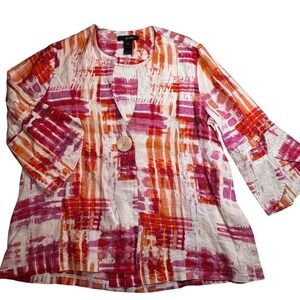 Ali Miles Pink Orange Abstract Linen Button Front Bell Tulip Sleeve Jacket L